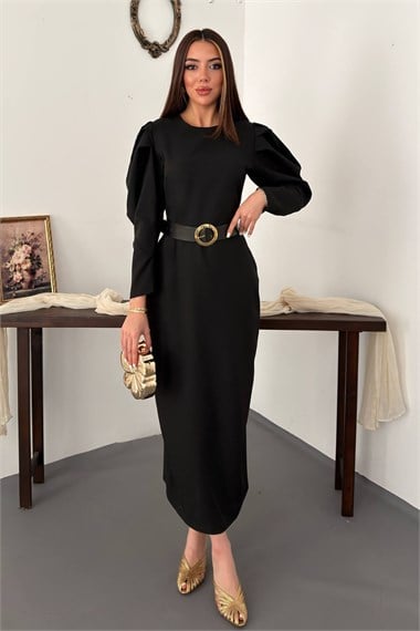 Black Dress With Pleated Sleeves And Belt
