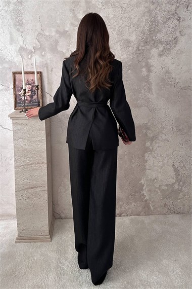 Black Shiny Belted Suit