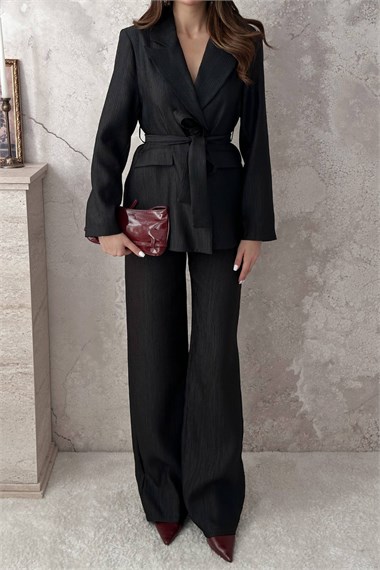 Black Shiny Belted Suit