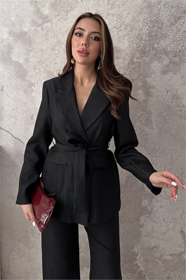Black Shiny Belted Suit