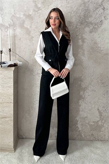 Black Suede Vest And Trousers Set