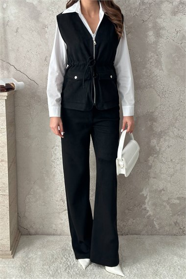 Black Suede Vest And Trousers Set