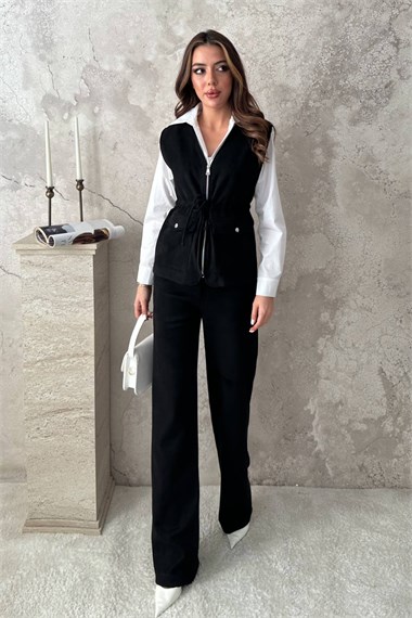 Black Suede Vest And Trousers Set