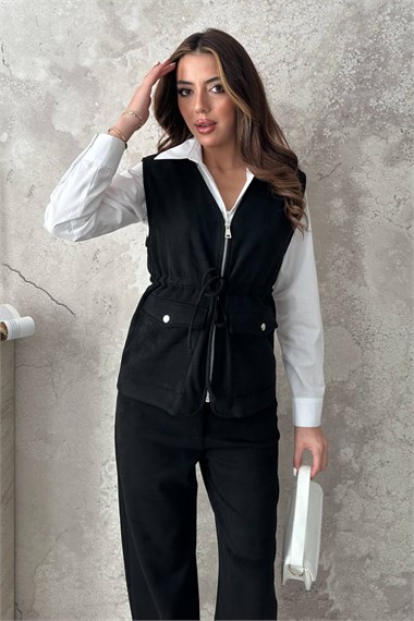 Black Suede Vest And Trousers Set