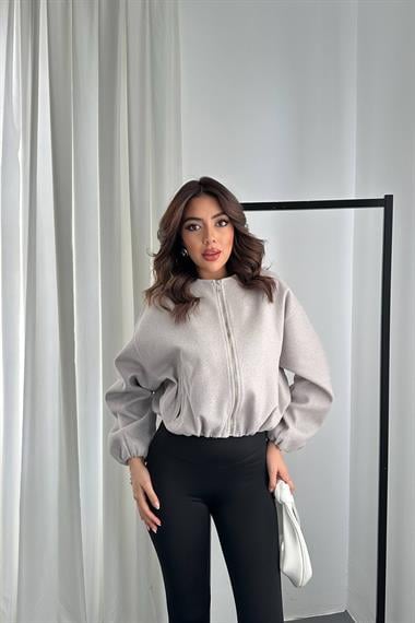 Toptan Açık Gri Kısa Önü Fermuarlı Bomber Ceket