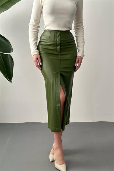 Toptan Açık Haki Yırtmaçlı Süs Patlı Etek