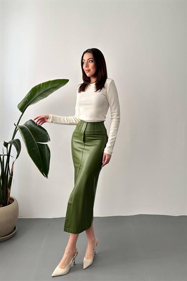 Toptan Açık Haki Yırtmaçlı Süs Patlı Etek