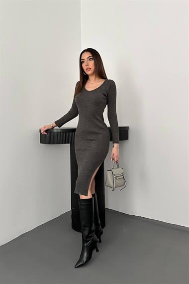 Toptan Antrasit Eteği Yırtmaçlı Triko Elbise