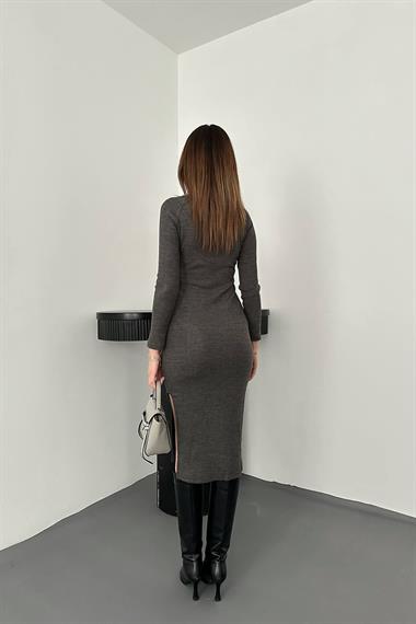 Toptan Antrasit Eteği Yırtmaçlı Triko Elbise