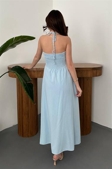 Toptan Bebe Mavi Arkası Gipeli Keten Elbise