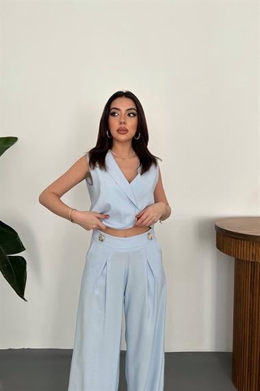 Toptan Bebe Mavi Asimetrik Yelek Ve Pantolon Takım
