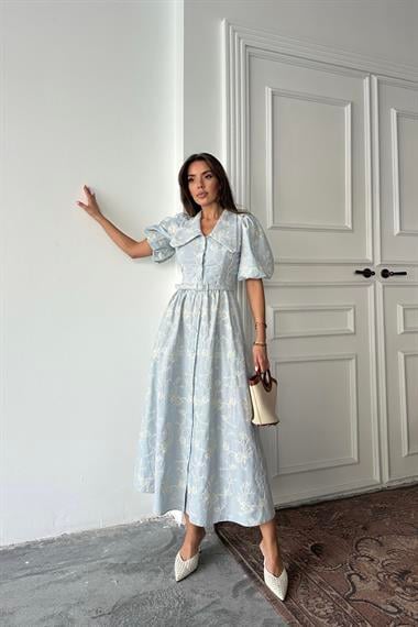 Toptan Bebe Mavi Bebe Yaka Balon Kollu Elbise