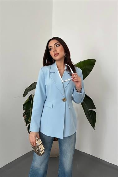 Toptan BEBE MAVİ Belden Oturtmalı Blazer Ceket