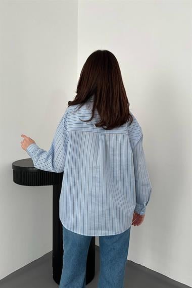 Toptan Bebe Mavi Boyundan Bağlamalı Çizgili Gömlek