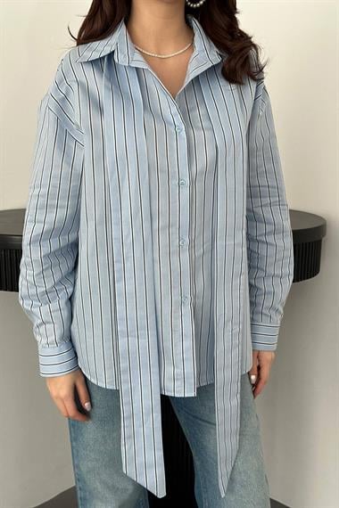 Toptan Bebe Mavi Boyundan Bağlamalı Çizgili Gömlek