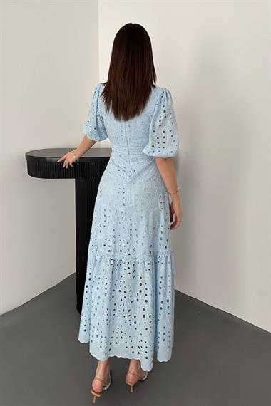 Toptan Bebe Mavi Büzgü Detaylı Dantelli Brode Elbise