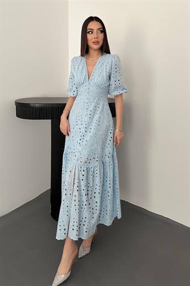 Toptan Bebe Mavi Büzgü Detaylı Dantelli Brode Elbise