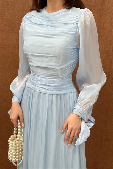 Toptan Bebe Mavi Büzgü Detaylı Manşeti Kuşaklı Elbise