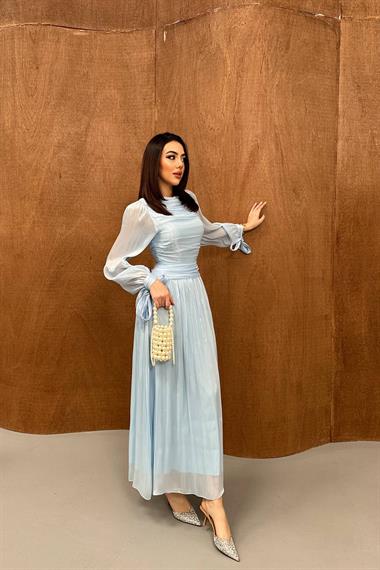 Toptan Bebe Mavi Büzgü Detaylı Manşeti Kuşaklı Elbise