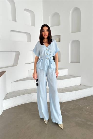 Toptan Bebe Mavi Düğme Detaylı İkili Modal Takım