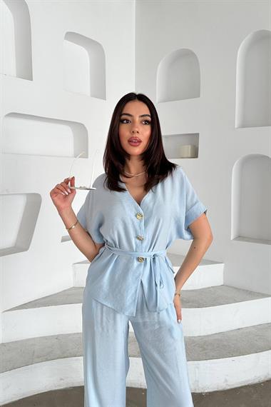 Toptan Bebe Mavi Düğme Detaylı İkili Modal Takım