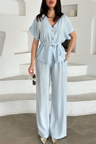 Toptan Bebe Mavi Düğme Detaylı İkili Modal Takım