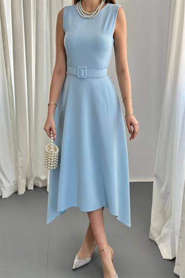 Toptan Bebe Mavi Etek Ucu Asimetrik Atlas Elbise