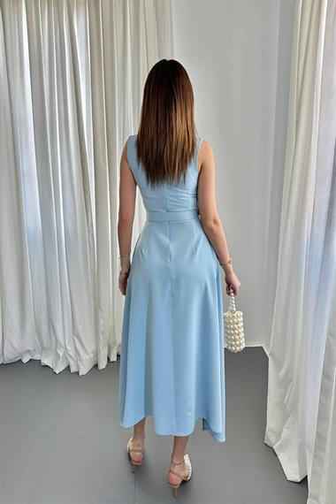 Toptan Bebe Mavi Etek Ucu Asimetrik Atlas Elbise