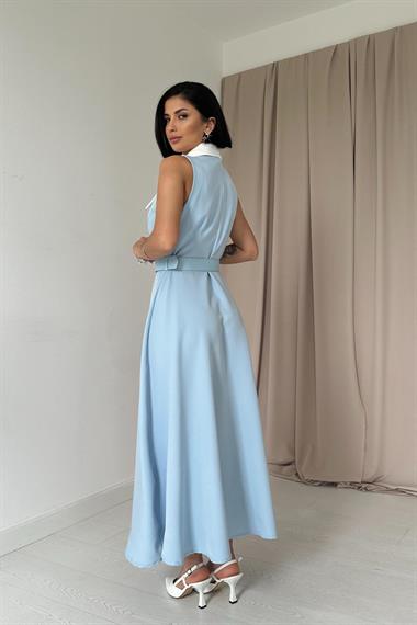 Toptan Bebe Mavi Geniş Yakalı Halter Kollu Elbise