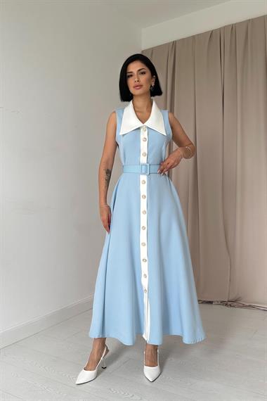 Toptan Bebe Mavi Geniş Yakalı Halter Kollu Elbise