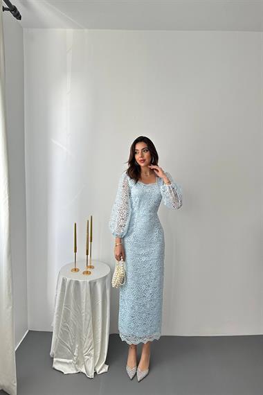 Toptan Bebe Mavi Güpür Detaylı Dantel Elbise