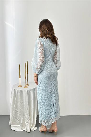 Toptan Bebe Mavi Güpür Detaylı Dantel Elbise