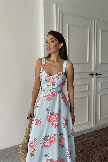 Toptan Bebe Mavi İnce Kemer Detaylı Elbise