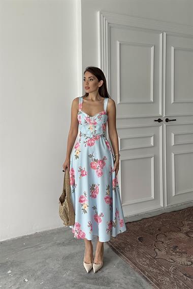 Toptan Bebe Mavi İnce Kemer Detaylı Elbise