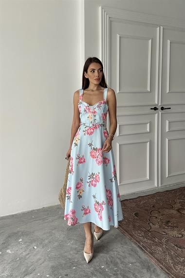 Toptan Bebe Mavi İnce Kemer Detaylı Elbise