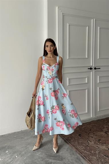 Toptan Bebe Mavi İnce Kemer Detaylı Elbise