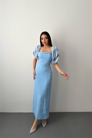 Toptan Bebe Mavi İşlemeli Kolu Garnili Elbise