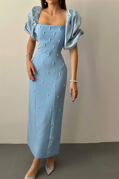 Toptan Bebe Mavi İşlemeli Kolu Garnili Elbise