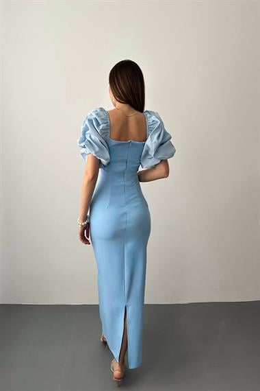 Toptan Bebe Mavi İşlemeli Kolu Garnili Elbise