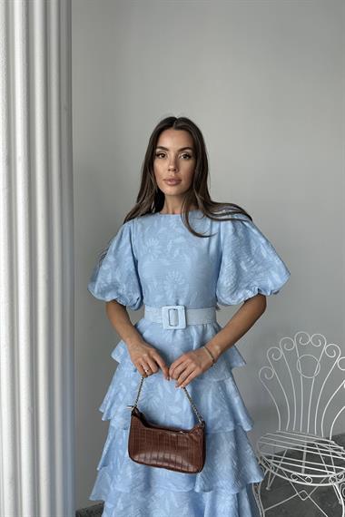 Toptan Bebe Mavi Kat Kat Balon Kollu Kemerli Elbise