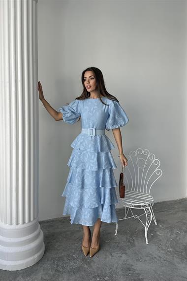 Toptan Bebe Mavi Kat Kat Balon Kollu Kemerli Elbise