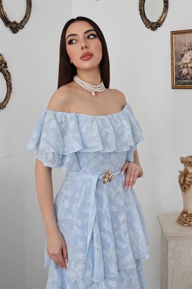 Toptan Bebe Mavi Kat Kat Fırfırlı Elbise
