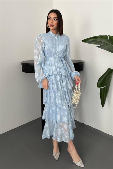 Toptan Bebe Mavi Kat Kat Volanlı Elbise