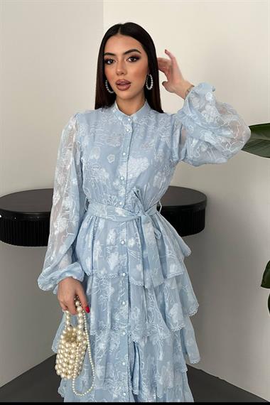 Toptan Bebe Mavi Kat Kat Volanlı Elbise