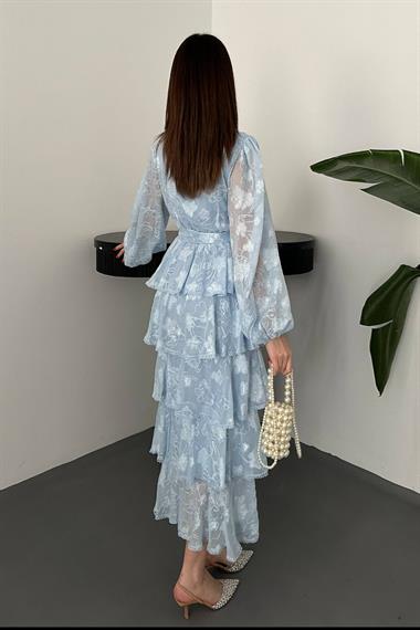 Toptan Bebe Mavi Kat Kat Volanlı Elbise