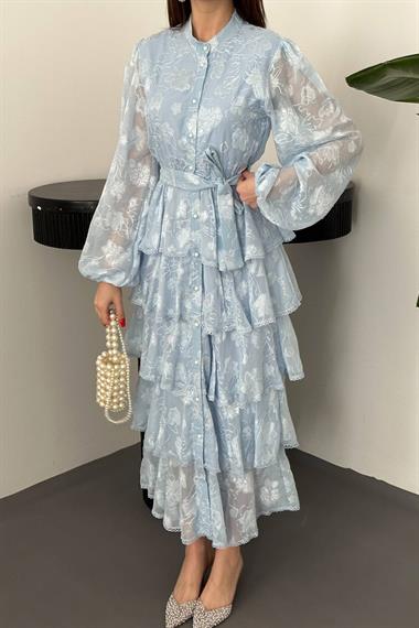 Toptan Bebe Mavi Kat Kat Volanlı Elbise