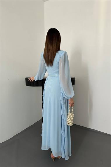 Toptan Bebe Mavi Kemerli Şifon Elbise