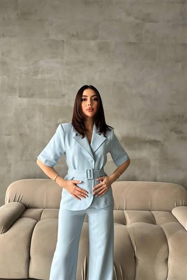 Toptan Bebe Mavi Kısa Kollu Ceket Pantolon Takım