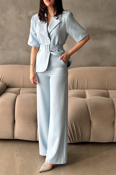 Toptan Bebe Mavi Kısa Kollu Ceket Pantolon Takım