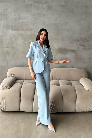 Toptan Bebe Mavi Kısa Kollu Ceket Pantolon Takım